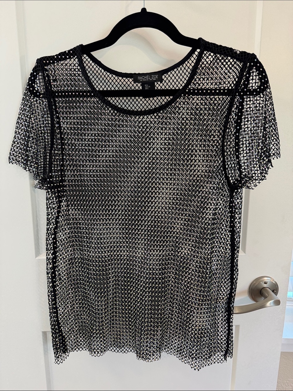 Rachel Zoe Sheer Black Mesh Rhinestone Covered Short Sleeve Tee McBling Pride